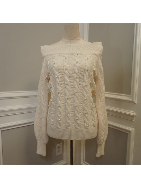 Sweaters - Soho New York & Company Cream Off-Shoulder Cable Knit Sweater with Pearls, SizeS